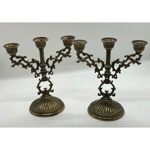 Vintage Solid Brass 3 arm Mini Candelabras w/ Ornate Filigree Set of 2